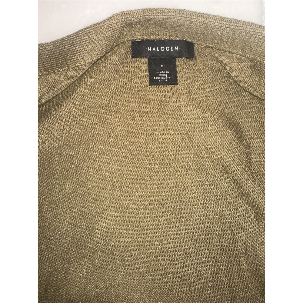 Halogen Cashmere Blend Open Front Cardigan Olive Long Sleeve Front Pockets Sz S - Picture 7 of 8